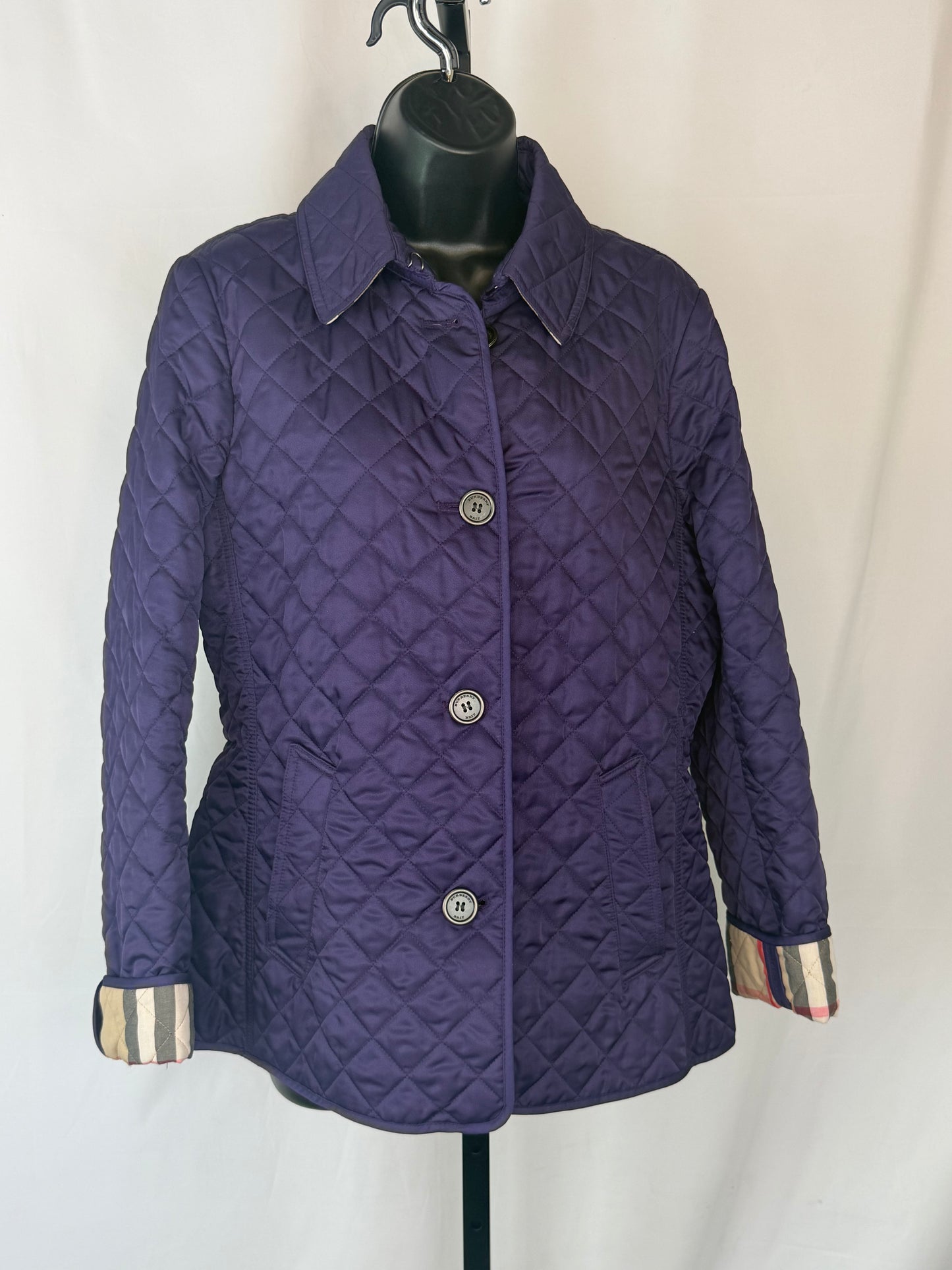 Burberry Brit Purple Diamond Quilted Button Up Check Interior Jacket