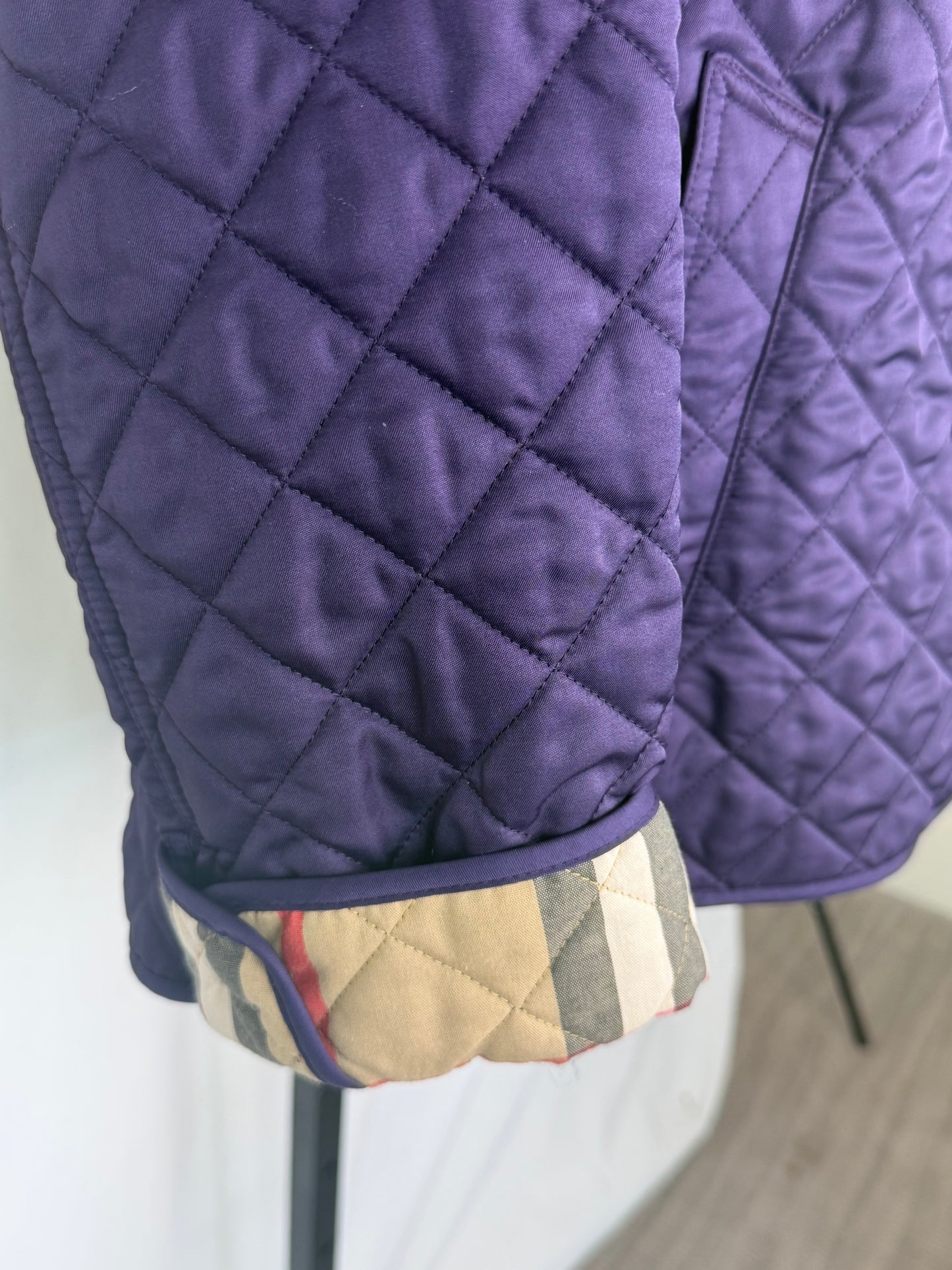 Burberry Brit Purple Diamond Quilted Button Up Check Interior Jacket