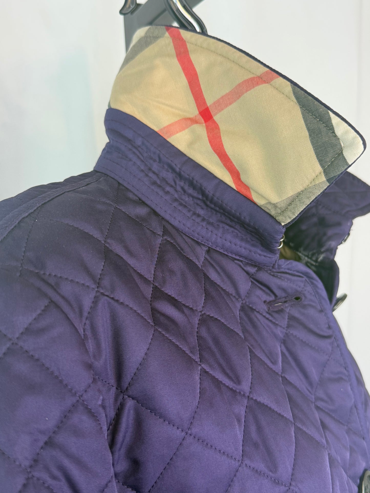 Burberry Brit Purple Diamond Quilted Button Up Check Interior Jacket