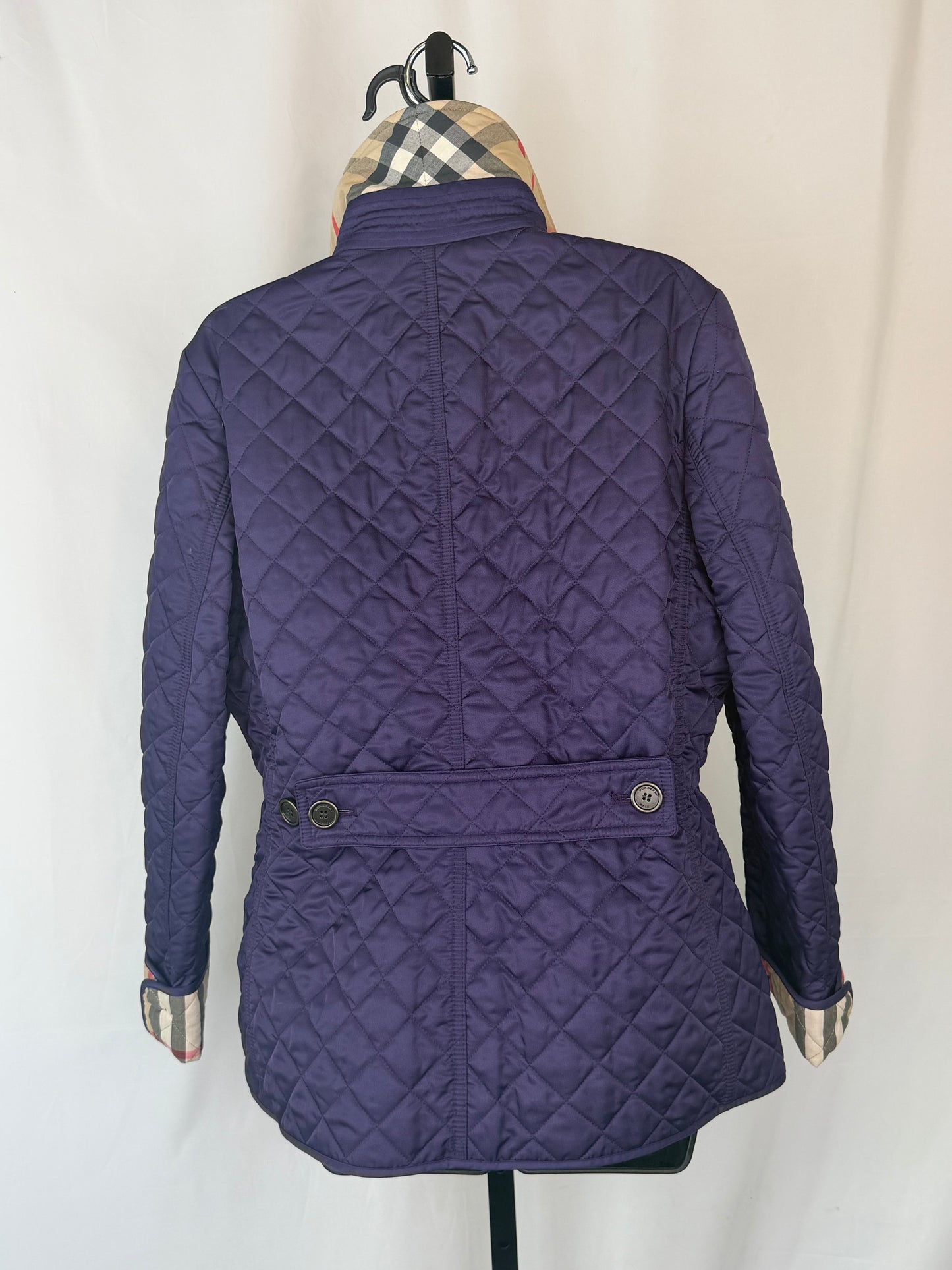 Burberry Brit Purple Diamond Quilted Button Up Check Interior Jacket