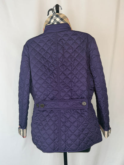 Burberry Brit Purple Diamond Quilted Button Up Check Interior Jacket