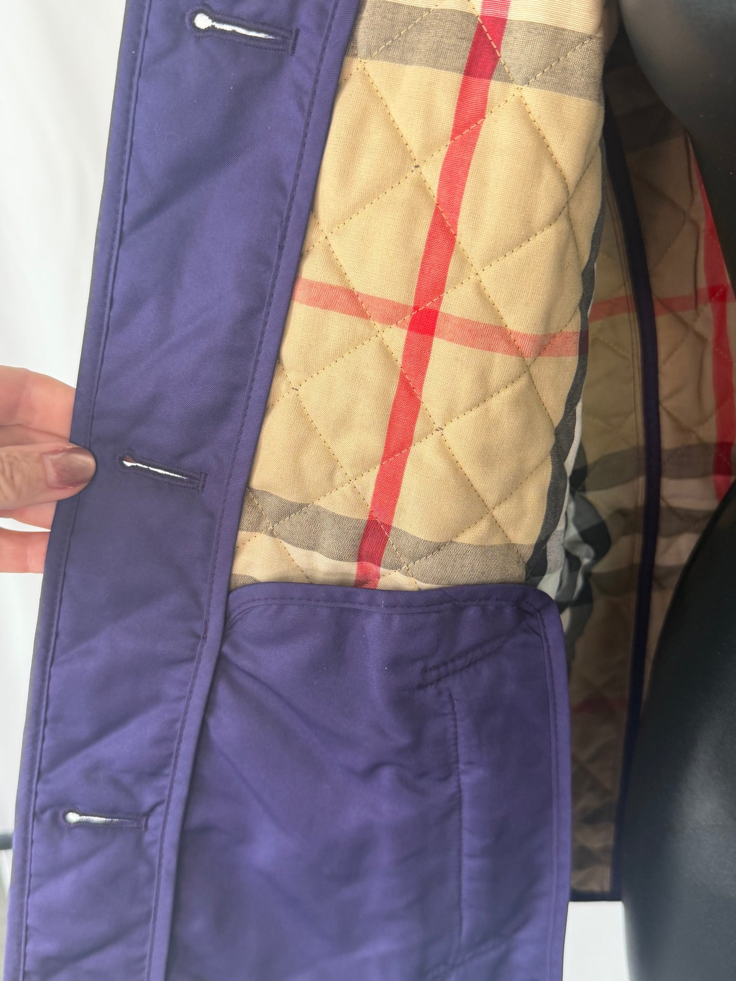 Burberry Brit Purple Diamond Quilted Button Up Check Interior Jacket