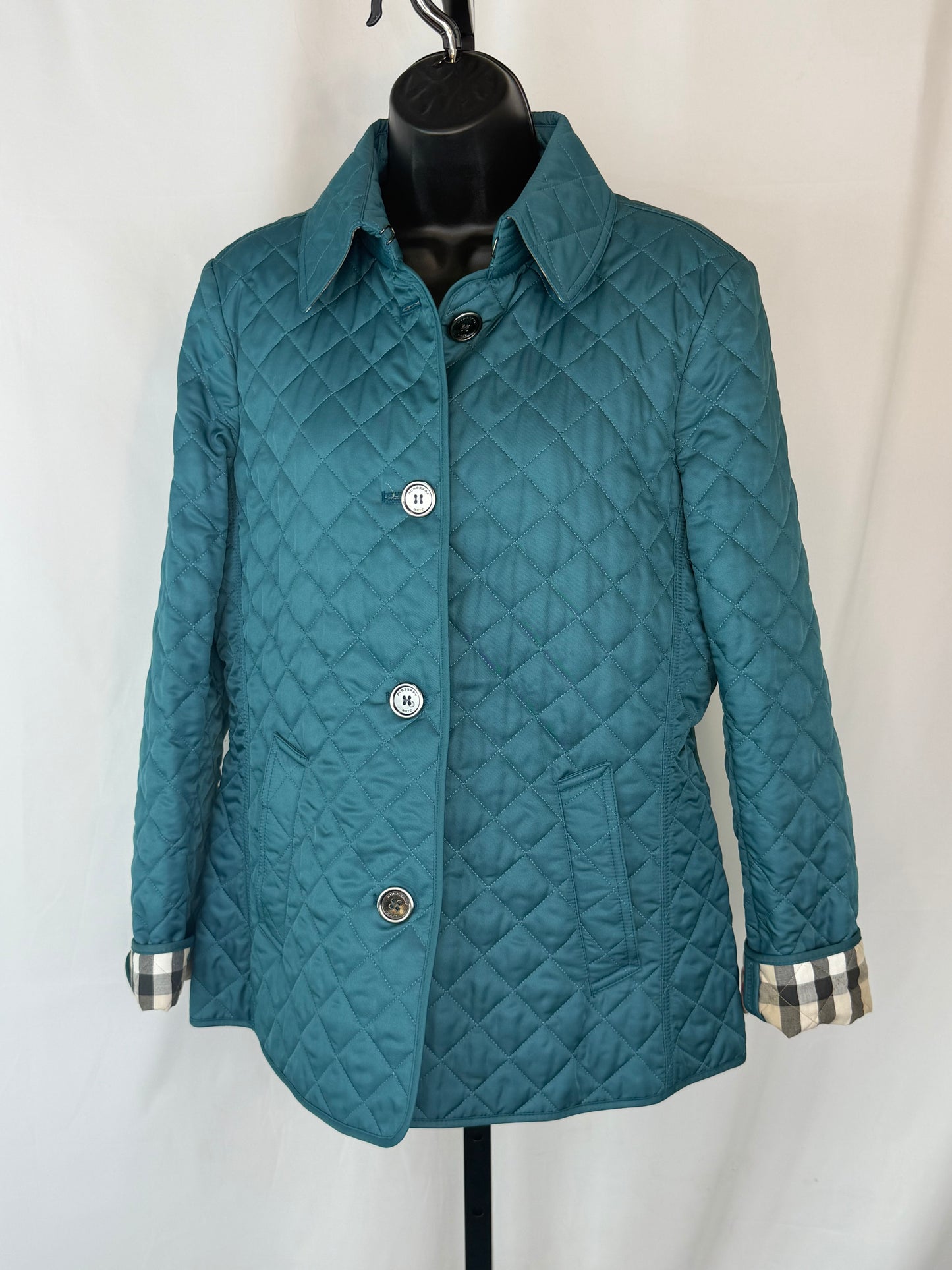 Burberry Brit Turquoise Diamond Quilted Button Up Check Interior Jacket