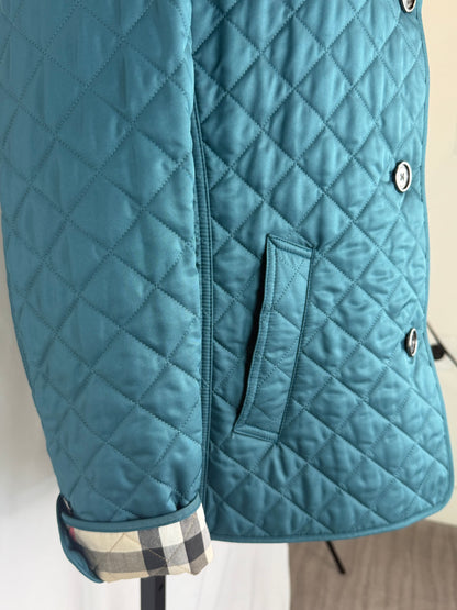 Burberry Brit Turquoise Diamond Quilted Button Up Check Interior Jacket