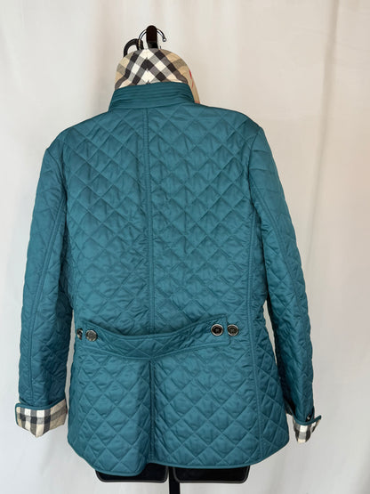 Burberry Brit Turquoise Diamond Quilted Button Up Check Interior Jacket