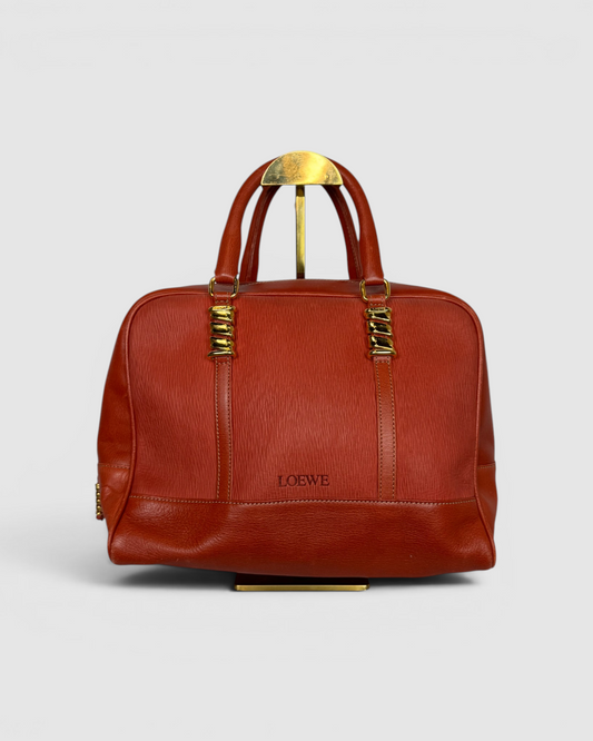 Loewe Leather Orange Satchel Tote w Gold Twisted Hardware Top Handle Bag