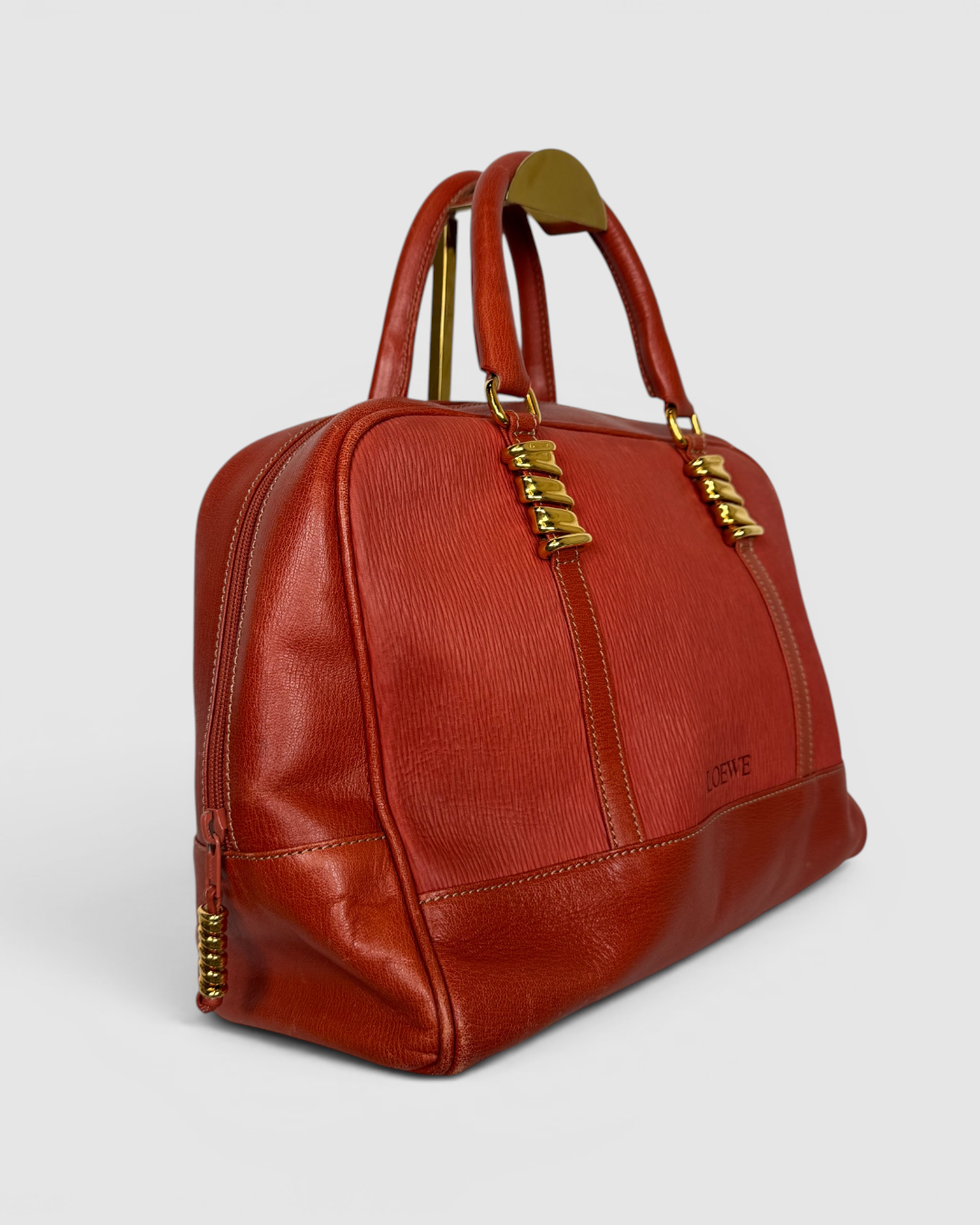 Loewe Leather Orange Satchel Tote w Gold Twisted Hardware Top Handle Bag