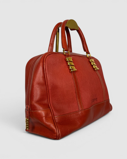 Loewe Leather Orange Satchel Tote w Gold Twisted Hardware Top Handle Bag