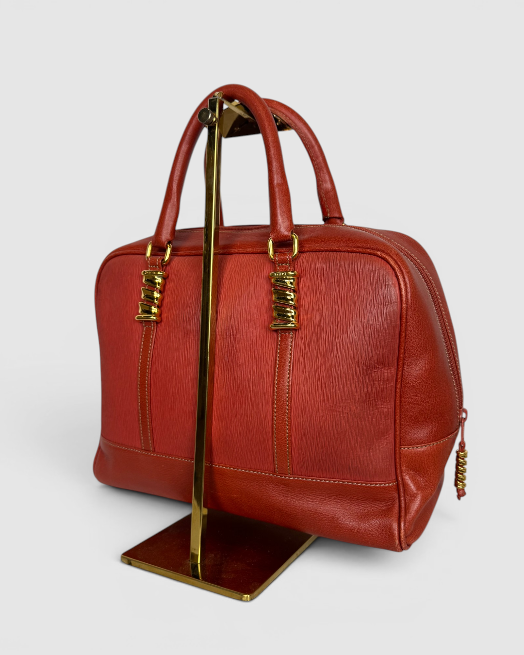 Loewe Leather Orange Satchel Tote w Gold Twisted Hardware Top Handle Bag