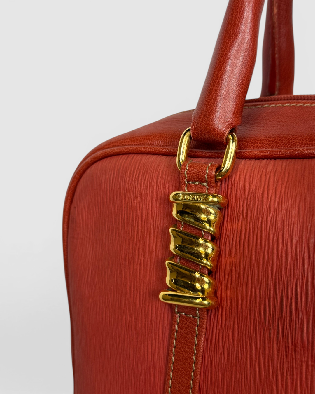 Loewe Leather Orange Satchel Tote w Gold Twisted Hardware Top Handle Bag