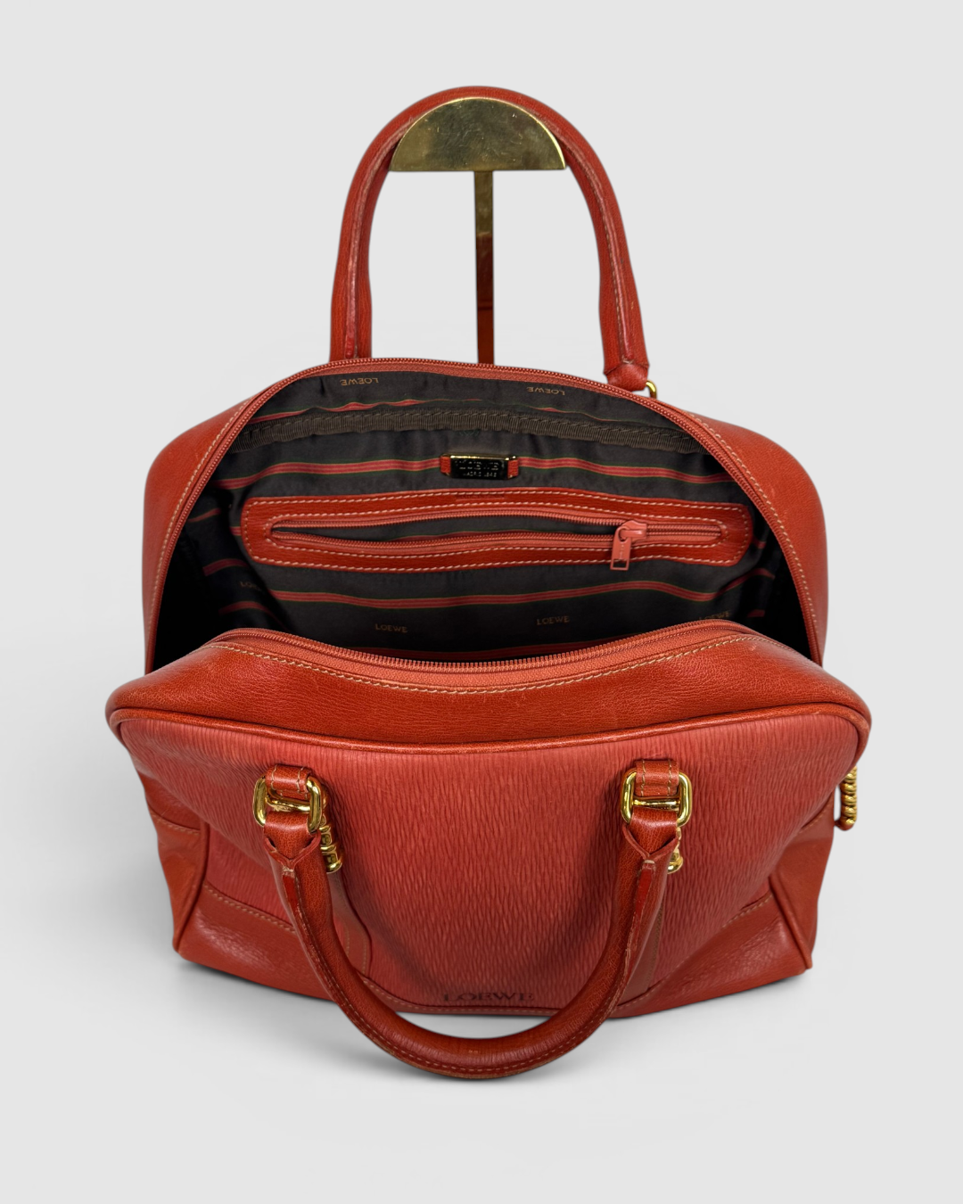 Loewe Leather Orange Satchel Tote w Gold Twisted Hardware Top Handle Bag