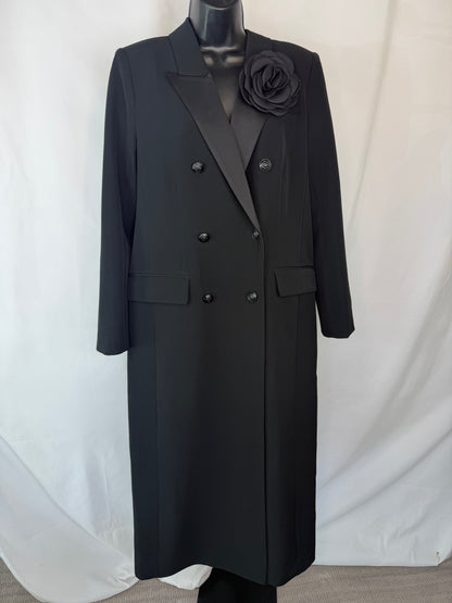 L'agence Black Satin Lapel Full-Length Blazer Coat w Flower Brooch NWT