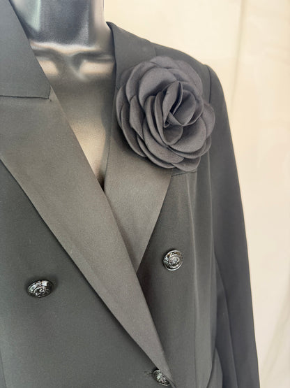 L'agence Black Satin Lapel Full-Length Blazer Coat w Flower Brooch NWT