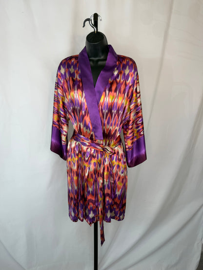 Oscar De La Renta Silk Purple Pink Yellow Print 3/4 Sleeve Kimono dress / Robe