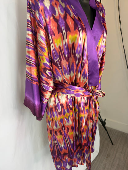 Oscar De La Renta Silk Purple Pink Yellow Print 3/4 Sleeve Kimono dress / Robe