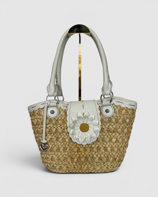 Brighton Woven Straw & White Leather Daisy Top Handle Bag