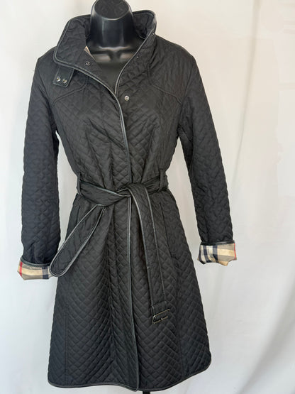 Burberry Black Diamond Quilted Check Interior Leather Trim Button Up Coat w Belt