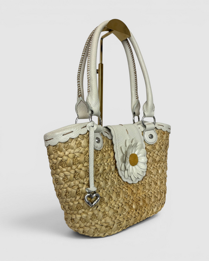 Brighton Woven Straw & White Leather Daisy Top Handle Bag