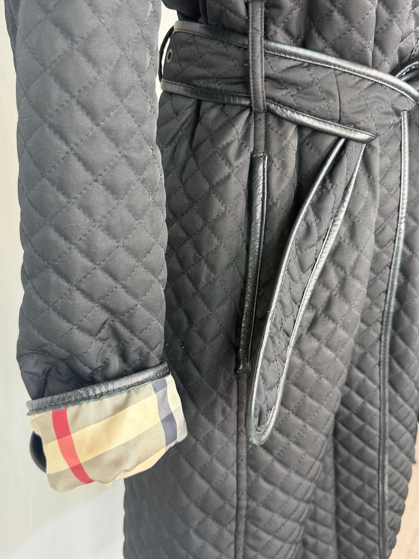 Burberry Black Diamond Quilted Check Interior Leather Trim Button Up Coat w Belt