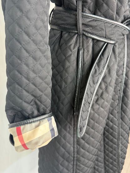 Burberry Black Diamond Quilted Check Interior Leather Trim Button Up Coat w Belt
