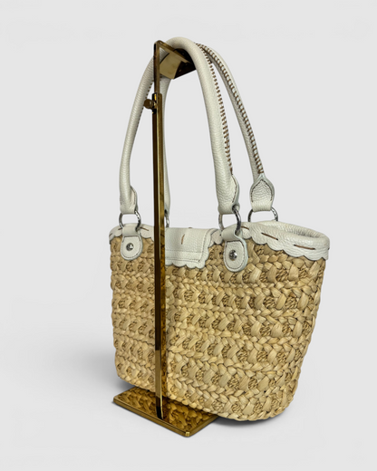 Brighton Woven Straw & White Leather Daisy Top Handle Bag