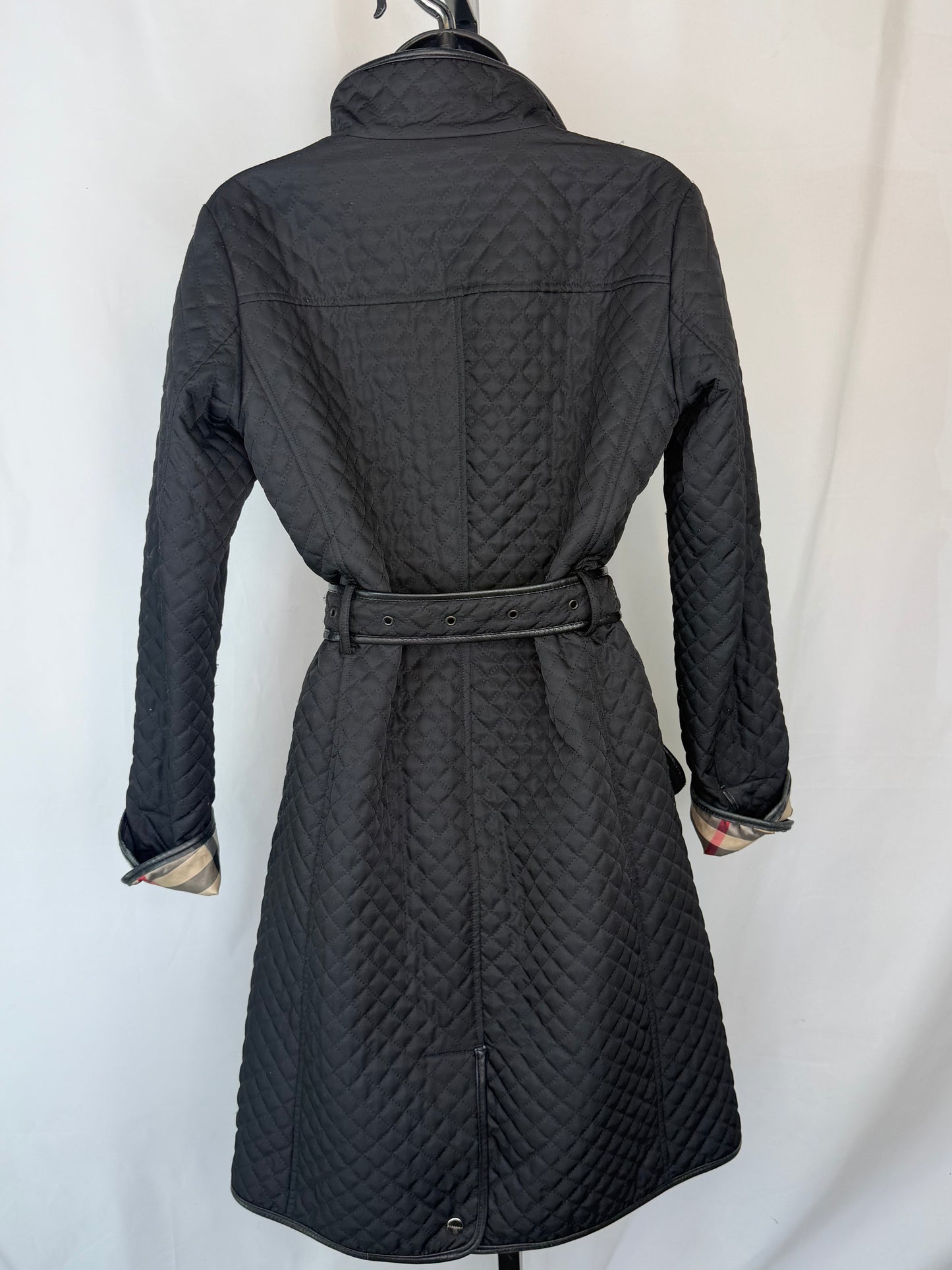 Burberry Black Diamond Quilted Check Interior Leather Trim Button Up Coat w Belt