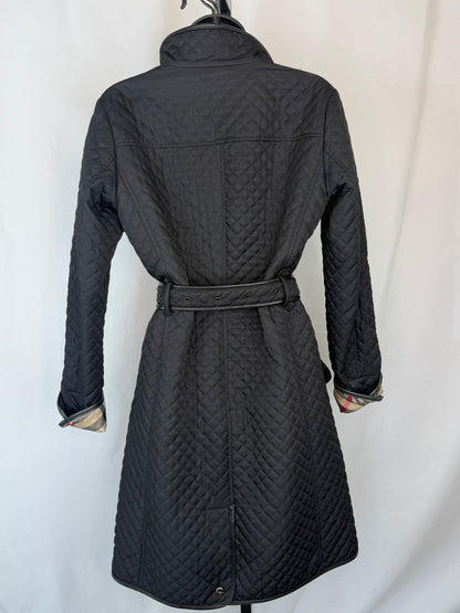 Burberry Black Diamond Quilted Check Interior Leather Trim Button Up Coat w Belt