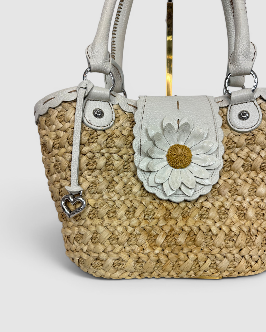 Brighton Woven Straw & White Leather Daisy Top Handle Bag