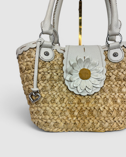 Brighton Woven Straw & White Leather Daisy Top Handle Bag