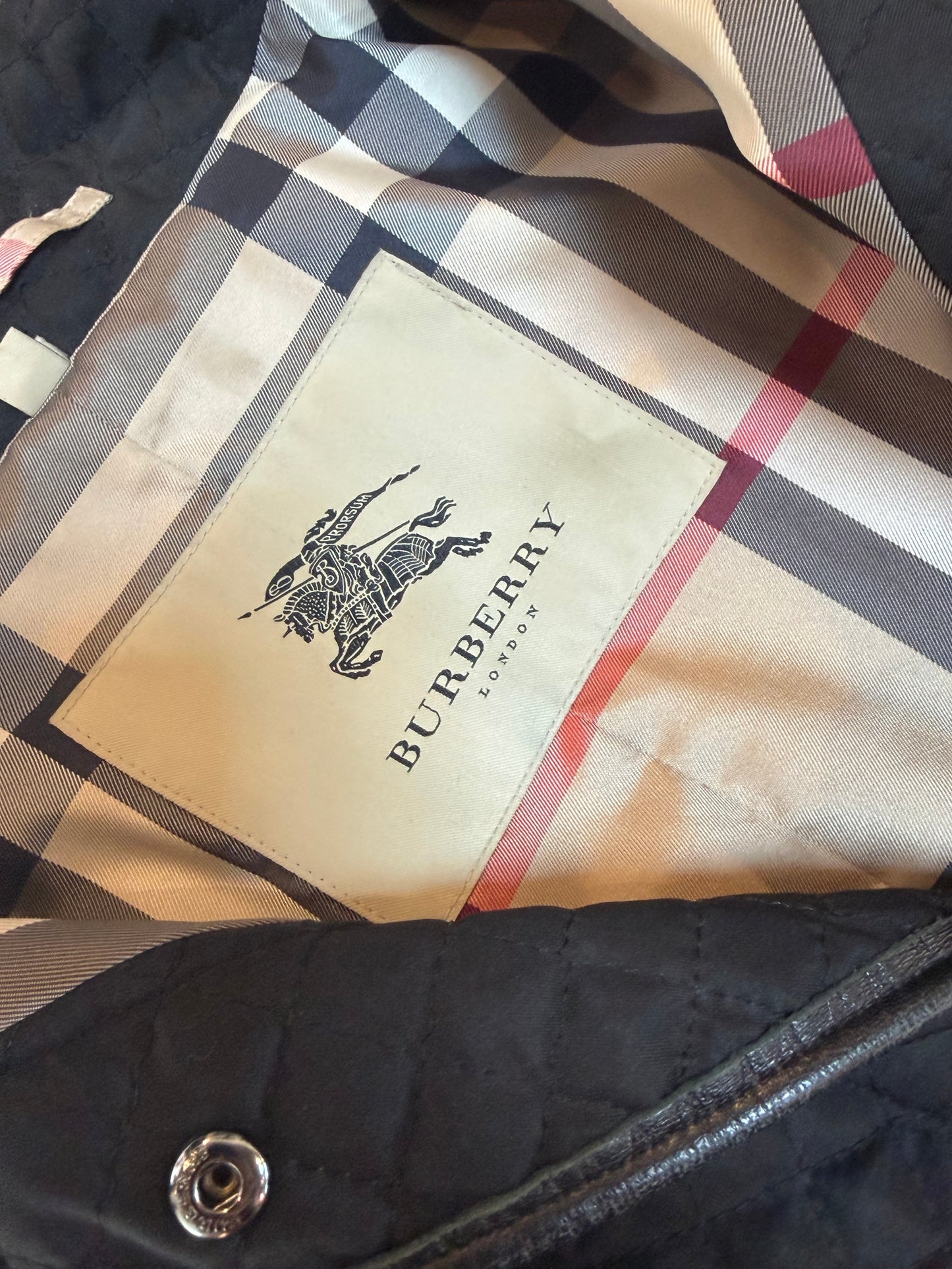 Burberry Black Diamond Quilted Check Interior Leather Trim Button Up Coat w Belt