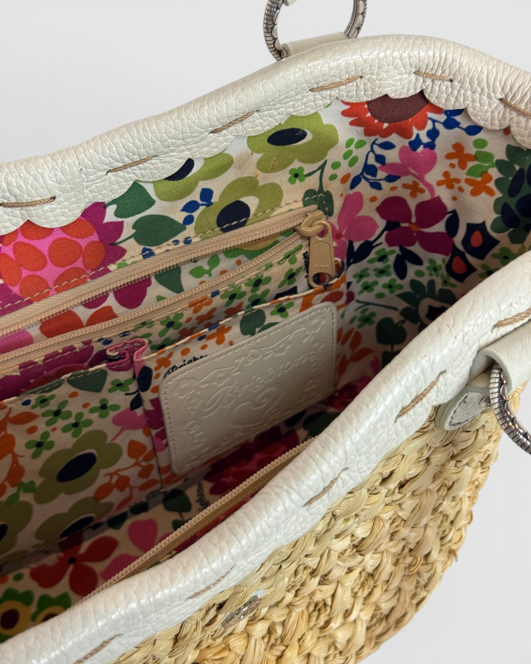 Brighton Woven Straw & White Leather Daisy Top Handle Bag