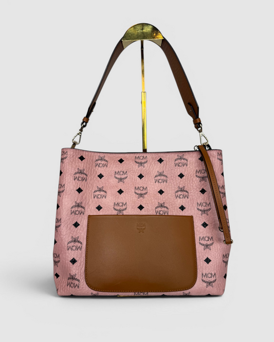 MCM Pink & Brown Leather Monogram "Visetos Medium Hobo" Bag