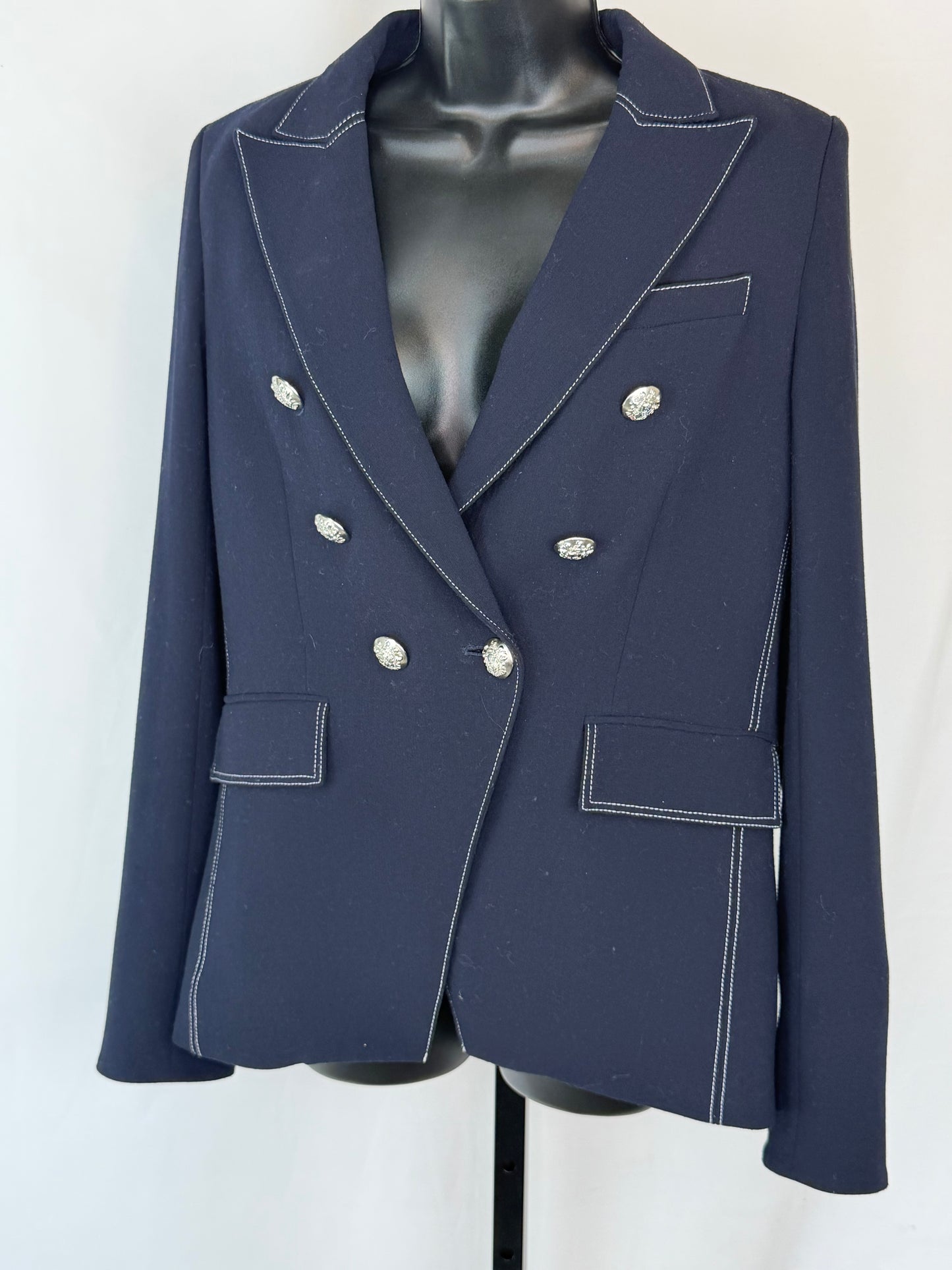 Veronica Beard Navy White Stitch Detail Silver Button Up Blazer