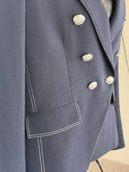 Veronica Beard Navy White Stitch Detail Silver Button Up Blazer