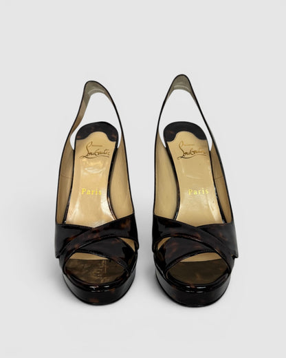 COMES WITH BOX - Christian Louboutin Tortoise Patent Leather Cross Strap Sling Back Heels