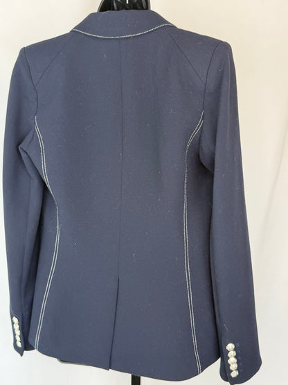 Veronica Beard Navy White Stitch Detail Silver Button Up Blazer