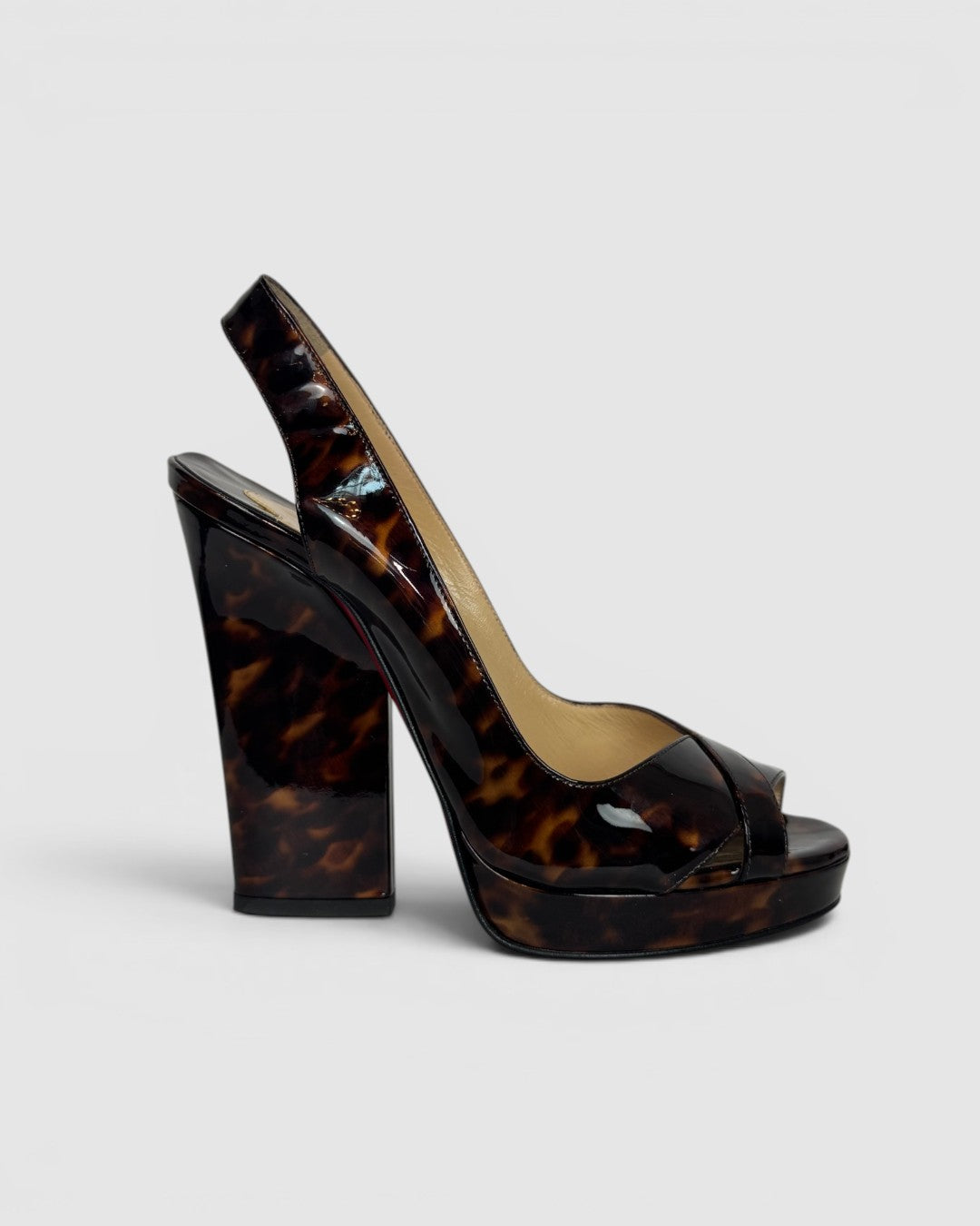 COMES WITH BOX - Christian Louboutin Tortoise Patent Leather Cross Strap Sling Back Heels