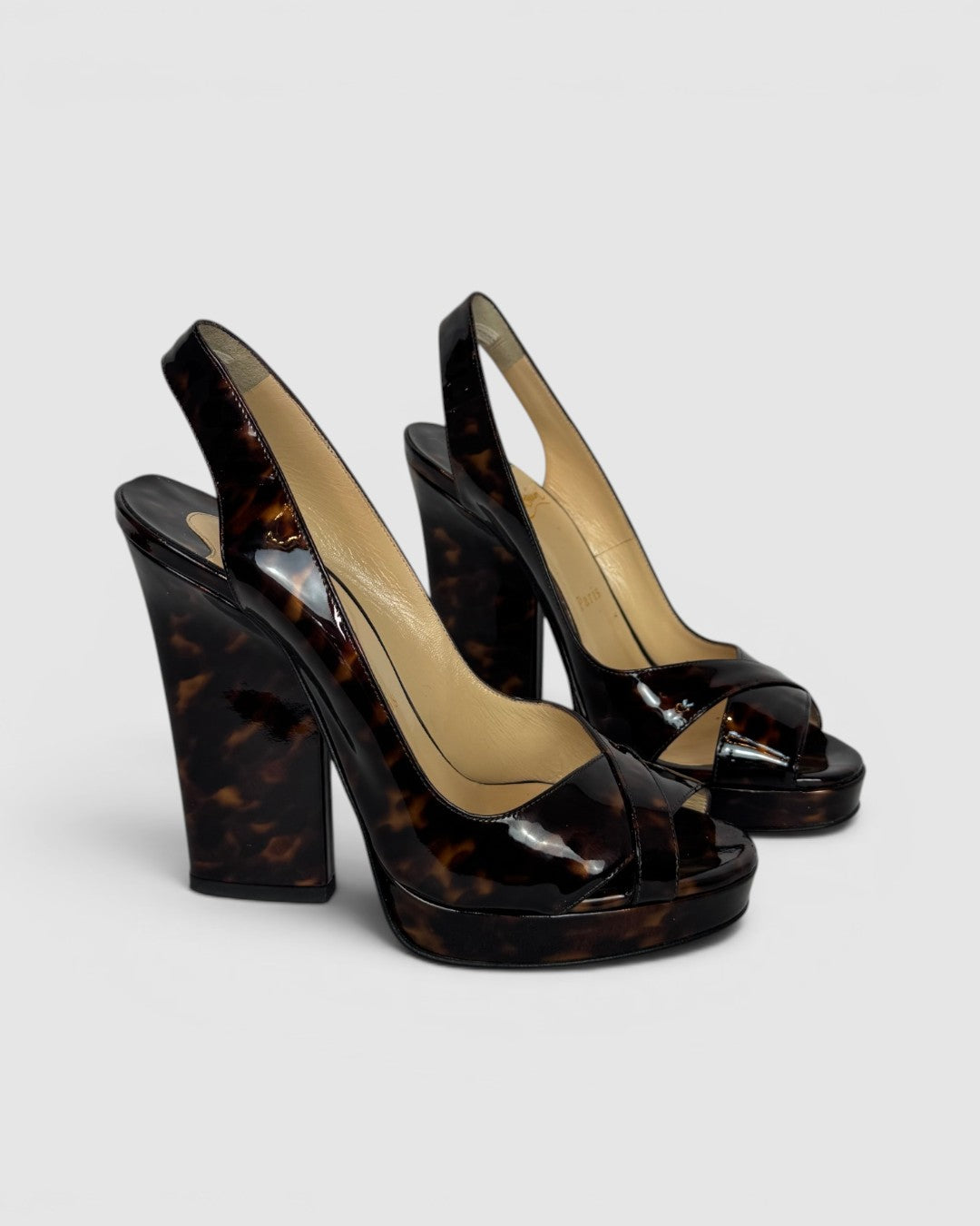 COMES WITH BOX - Christian Louboutin Tortoise Patent Leather Cross Strap Sling Back Heels
