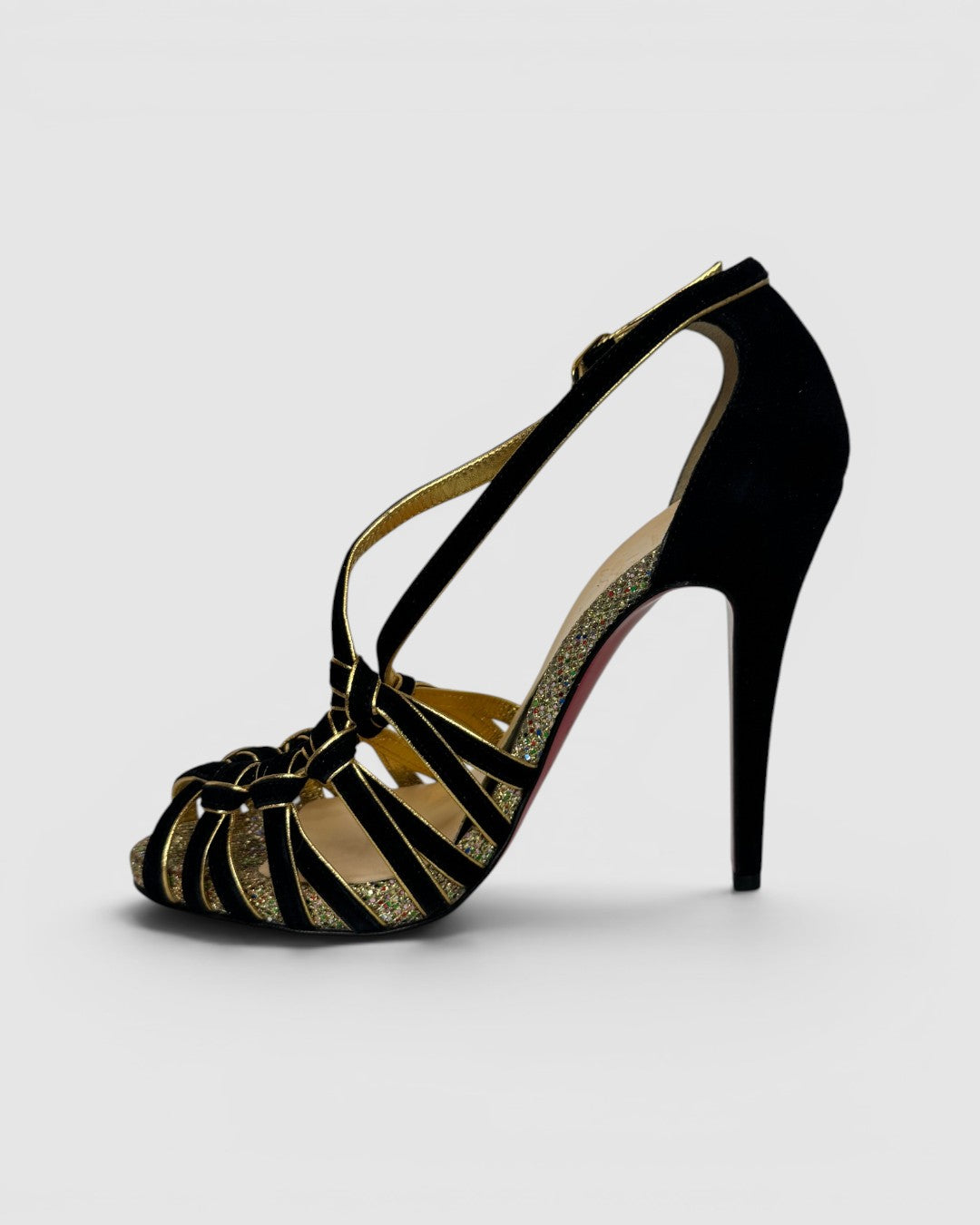 COMES WITH BOX - Christian Louboutin Black Suede w/ Gold Lining Heeled Sandals w/ Sparkle Soles