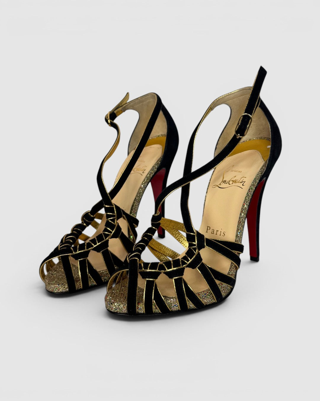 COMES WITH BOX - Christian Louboutin Black Suede w/ Gold Lining Heeled Sandals w/ Sparkle Soles