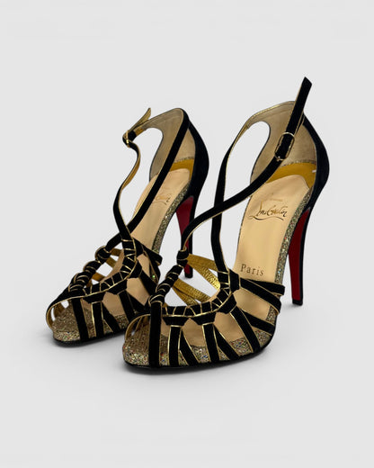 COMES WITH BOX - Christian Louboutin Black Suede w/ Gold Lining Heeled Sandals w/ Sparkle Soles