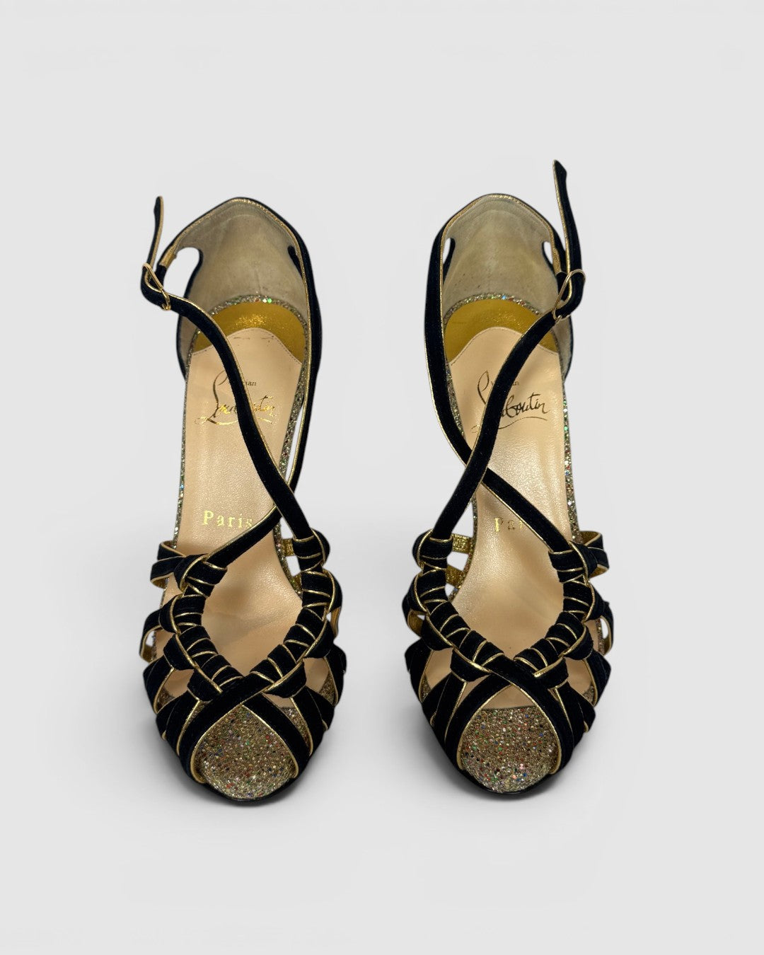 COMES WITH BOX - Christian Louboutin Black Suede w/ Gold Lining Heeled Sandals w/ Sparkle Soles