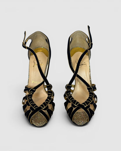 COMES WITH BOX - Christian Louboutin Black Suede w/ Gold Lining Heeled Sandals w/ Sparkle Soles