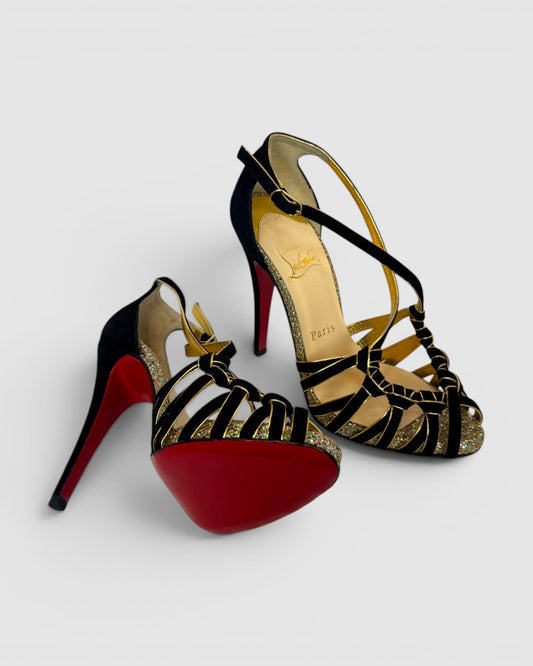 COMES WITH BOX - Christian Louboutin Black Suede w/ Gold Lining Heeled Sandals w/ Sparkle Soles