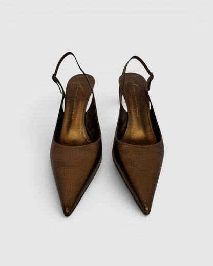 Giuseppe Zanotti Bronze Metallic Pointed Toe Crystal Embellished Sling Back Heels