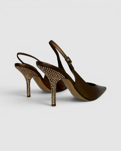 Giuseppe Zanotti Bronze Metallic Pointed Toe Crystal Embellished Sling Back Heels