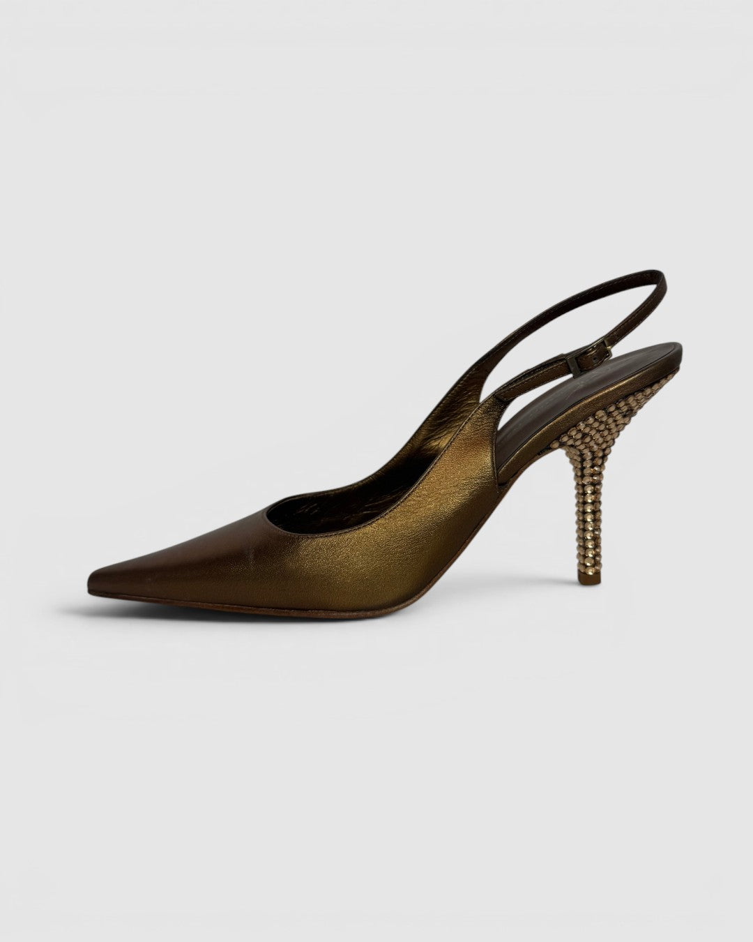 Giuseppe Zanotti Bronze Metallic Pointed Toe Crystal Embellished Sling Back Heels