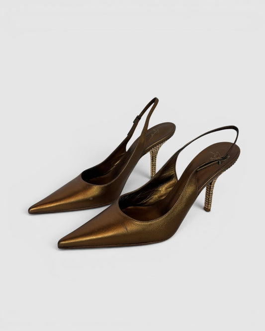 Giuseppe Zanotti Bronze Metallic Pointed Toe Crystal Embellished Sling Back Heels