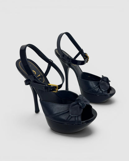 COMES WITH BOX - Saint Laurent Navy Patent Leather Peep Toe Pumps w/ Leather Bow