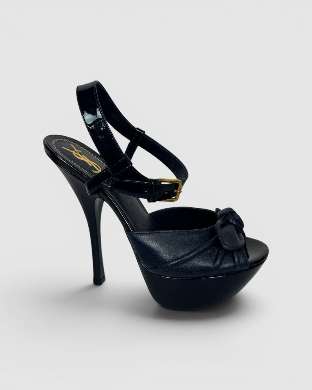 COMES WITH BOX - Saint Laurent Navy Patent Leather Peep Toe Pumps w/ Leather Bow
